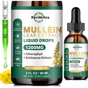 Mullein Drops for Lungs, 1200mg Mullein Leaf Extract Liquid Drops with Chlorophyll for Lung Cleanse & Detox, Support for Respiratory, Immune, Digestive System, Non-GMO, 2 Fl Oz