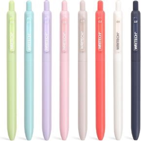 WRITECH Gel Pens Fine Point: Retractable 0.5mm Multicolor Ink 8ct Silent Click No Smear Smudge Extra Smooth Writing Bullet Tip Colored Pen Non Bleed for Journaling Note Taking Drawing