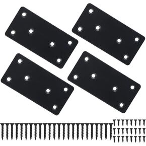 Mending Plate, Metal Steel Flat Straight Brace Bracket, Black Double-Wide Joining Plate for Wood Furniture Fastening & Fixing with 2 Sets of Screws of Different Lengths(40x80mm, 4 Pack)