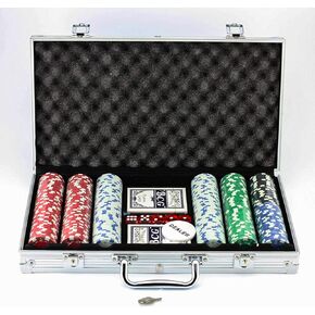 Casino Style Poker Chips Set with Aluminium Storage Case, Included Items - 1 Dealer Chip, 2 Playing Cards Deck, 5 Red Dice, Ideal Gifts for Poker Players (500 Numbered Chips - Black)