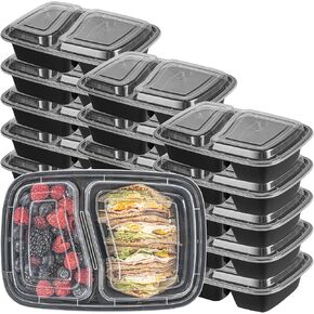 Restaurantware Asporto 32 Ounce Compartment Take Out Boxes, 50 Microwavable Meal Prep Containers - 2 Compartments, With Clear Plastic Lids, Black Plastic Food Containers, Do Not Contain BPA