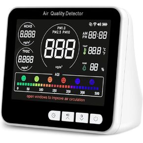 9 in 1 Air Quality Monitor Indoor with Beep Alarm, 6 AQI Air Quality Detector with PM1.0|PM2.5|PK10|HCHO|TVOC|AQI|Temperature|Humidity|Time for Home, Hotel, Office, Car, Battery Powered Air Monitor