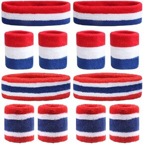 12 Pcs Striped Sweatband Headbands Set, 4 Pcs Sweat Absorbing Striped Headbands and 8 Pcs Cotton Sweat Bands Wristbands for Men Women Sports Gym