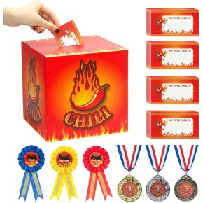 67 Pcs Chili Cook off Contest Ballot Box with 60 Pcs Voting Cards and 3 Pcs Trophy Award Ribbons，3 Pcs Trophies Medals for Chili Cook off Game Award Prizes Party Supplies Decorations Cook Chef, Assembly Needed