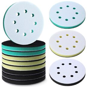 Loopeer 9 Pcs Foam Sanding Pads 5 Inch 8 Holes Orbital Sander Foam Pad Interface Hook and Loop Soft Medium Hard Sponge Cushion Buffer Backing Pad for Buffer Automotive Woodworking Polishing, 3 Colors