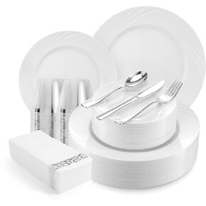 350-Piece White Swirls Plastic Dinnerware Set for 50 Guests, Elegant Disposable Plates for Party, Wedding. Includes Dinner Plates, Dessert Plates, Silverware, Napkins, Cups