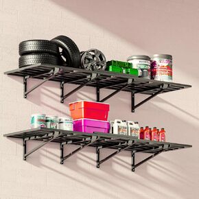 2-Pack Garage Wall Shelves 2x6Ft Garage Storage Shelving Wall Mounted Loads 2000lbs Heavy Duty Sturdy Wall Shelves Strong Garage Organiser Black Metal Floating Storage Racks