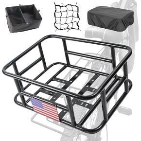 Bike Basket Rear 17" Bicycle Basket Upgraded E-Bike Baskets with Liner, Waterproof Cover, Cargo Net, Relective Flag Heavy Duty Rear Bike Basket for Most Bikes and E-Bike
