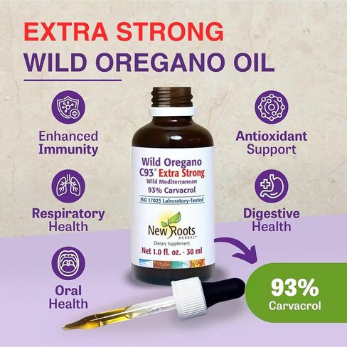 New Roots | Wild Oregano Oil Extra Strong | 93% Carvacrol Oregano Oil Liquid Drops (1 fl oz) | Immune Support Supplement | Highest Concentration of Carvacrol |Alcohol Free, Non GMO, Vegan, Gluten Free in Saudi Arabia
