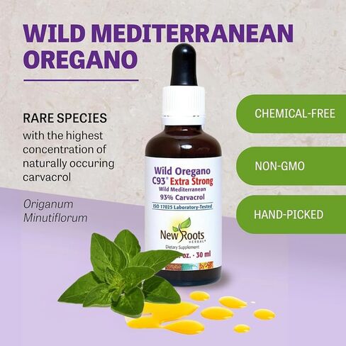 New Roots | Wild Oregano Oil Extra Strong | 93% Carvacrol Oregano Oil Liquid Drops (1 fl oz) | Immune Support Supplement | Highest Concentration of Carvacrol |Alcohol Free, Non GMO, Vegan, Gluten Free in Saudi Arabia