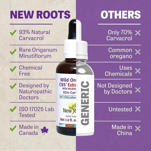 New Roots | Wild Oregano Oil Extra Strong | 93% Carvacrol Oregano Oil Liquid Drops (1 fl oz) | Immune Support Supplement | Highest Concentration of Carvacrol |Alcohol Free, Non GMO, Vegan, Gluten Free in Saudi Arabia