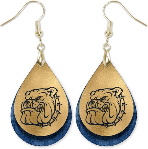 Bulldogs Blue & White Team School Football Dangle Earrings Teardrop MDF Wood Sports Fan Jewelry for Women Handmade by The Painted Pug (Blue White Lg Pawprint) (Front Side Image Only) in Kuwait