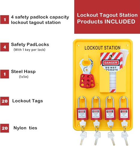 Lockout Tagout Station-4 Safety Padlocks, 1 Hasp, 8 Lockout Tags,10 Nylon Ties, Lockout Safety Supply for OSHA Compliance in Kuwait