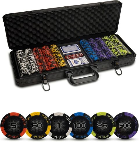 Casino Style Poker Chips Set with Aluminium Storage Case, Included Items - 1 Dealer Chip, 2 Playing Cards Deck, 5 Red Dice, Ideal Gifts for Poker Players (500 Numbered Chips - Black) in Saudi Arabia