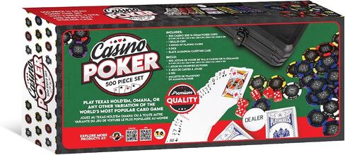 Casino Style Poker Chips Set with Aluminium Storage Case, Included Items - 1 Dealer Chip, 2 Playing Cards Deck, 5 Red Dice, Ideal Gifts for Poker Players (500 Numbered Chips - Black) in Saudi Arabia