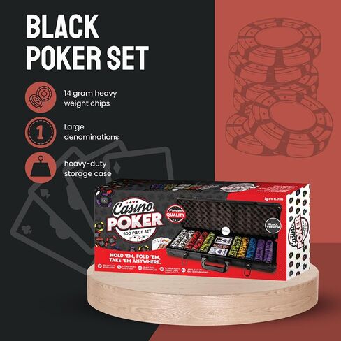 Casino Style Poker Chips Set with Aluminium Storage Case, Included Items - 1 Dealer Chip, 2 Playing Cards Deck, 5 Red Dice, Ideal Gifts for Poker Players (500 Numbered Chips - Black) in Saudi Arabia