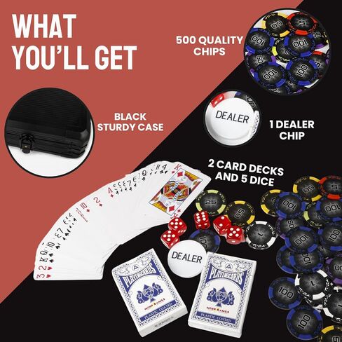 Casino Style Poker Chips Set with Aluminium Storage Case, Included Items - 1 Dealer Chip, 2 Playing Cards Deck, 5 Red Dice, Ideal Gifts for Poker Players (500 Numbered Chips - Black) in Saudi Arabia