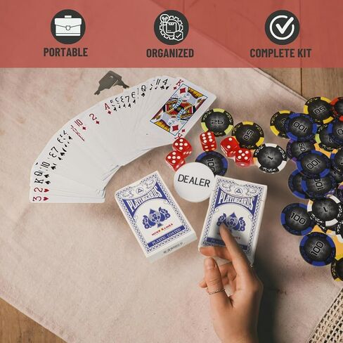 Casino Style Poker Chips Set with Aluminium Storage Case, Included Items - 1 Dealer Chip, 2 Playing Cards Deck, 5 Red Dice, Ideal Gifts for Poker Players (500 Numbered Chips - Black) in Saudi Arabia