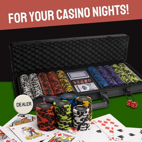 Casino Style Poker Chips Set with Aluminium Storage Case, Included Items - 1 Dealer Chip, 2 Playing Cards Deck, 5 Red Dice, Ideal Gifts for Poker Players (500 Numbered Chips - Black) in Saudi Arabia