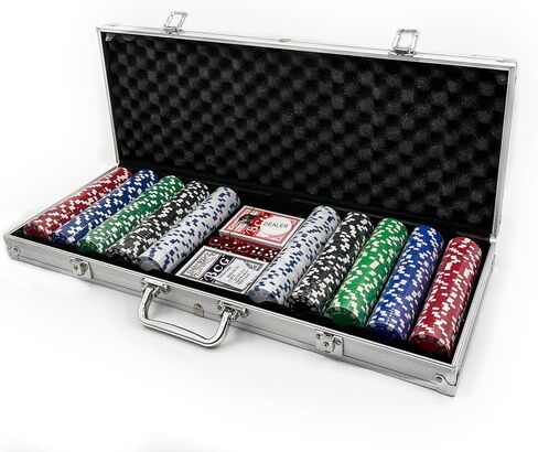Casino Style Poker Chips Set with Aluminium Storage Case, Included Items - 1 Dealer Chip, 2 Playing Cards Deck, 5 Red Dice, Ideal Gifts for Poker Players (500 Numbered Chips - Black) in Kuwait