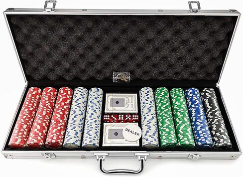 Casino Style Poker Chips Set with Aluminium Storage Case, Included Items - 1 Dealer Chip, 2 Playing Cards Deck, 5 Red Dice, Ideal Gifts for Poker Players (500 Numbered Chips - Black) in Kuwait