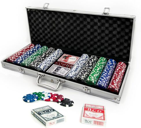 Casino Style Poker Chips Set with Aluminium Storage Case, Included Items - 1 Dealer Chip, 2 Playing Cards Deck, 5 Red Dice, Ideal Gifts for Poker Players (500 Numbered Chips - Black) in Kuwait