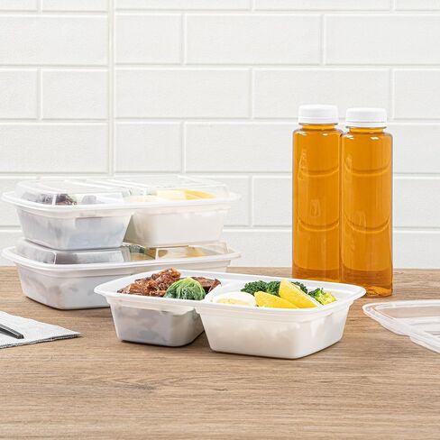 صناديق إخراج مقصورة Restaurantware Asporto سعة 32 أونصة، 50 حاوية إعداد وجبات قابلة للميكروويف - مقصورتين، مع أغطية بلاستيكية شفافة، حاويات طعام بلاستيكية سوداء، لا تحتوي على مادة BPA in Saudi Arabia