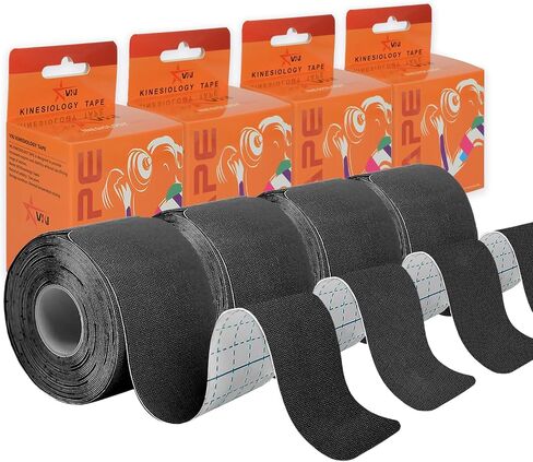 VKI Kinesiology Tape 4 Rolls - 65.6 FT 80 Precut Strips, Water Resistant Elastic Cotton Athletic Tape, Hypoallergenic Sport Tape Roll for Joint Support & Muscle Pain Relief (Black) in Saudi Arabia