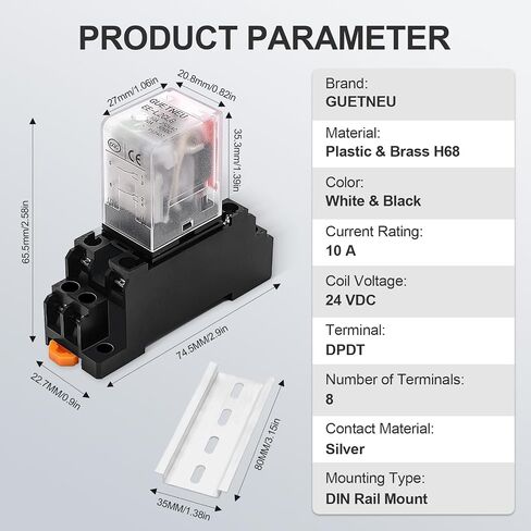2 Pcs Electromagnetic Power Relays, Red Indicator Light, 8-Pin DPDT 10 A 110 VAC Relay with Plug-in Terminal Socket, DIN Rail Mounted, CQC, CE (EE-L2CLG) in Saudi Arabia
