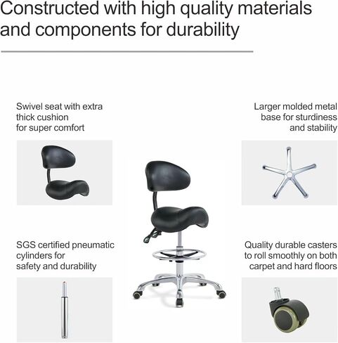 Grace&Grace Ergonomic Rolling Saddle Stool Chair with Wheels Adjustable Swivel Stool with Back and Footrest Heavy Duty for Esthetician, Artist, Dental, Medical, Spa, Salon, Cutting, Home Office in Saudi Arabia