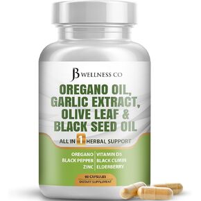 JB Wellness Oregano Oil 6000mg Garlic Extract 4000mg Olive Leaf 3000mg with Astragalus - Immune Support & Digestive Health Supplement for Women and Men - 120 Count