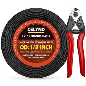 Black Stainless Steel Cable Wire - 150FT 1/8" T316 Wire Rope for Deck Cable Railing System Kit DIY with Cutter