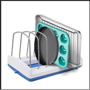 Adjustable Bakeware Rack, Cookie Sheet Baking Pan and Tray Organizer for Kitchen Cabinet Storage, Blue and White