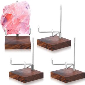4 Pcs Adjustable Metal Arms Display Stand with Wooden Base Crystal Rock Display Easel Holder Small Mineral Display Easel for Geodes Fossils Stones Agate Spheres Slices, 2.56 x 2.56 x 4.33 Inch