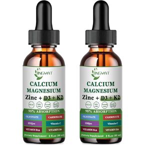 Calcium Magnesium Zinc Liquid Drops, Liquid Magnesium Glycinate 500mg Calcium 1000mg with Vitamin D3,K2,B6,B12,Coq10,6X Stronger Than Gummies Capsules (2 Pack)