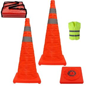 2PCS 28 Inch Orange Collapsible Traffic Safety Cones,Foldable Parking Cones with Reflective Strip Used for Construction Warning,Traffic Control, Driveway Parking,Driving Training