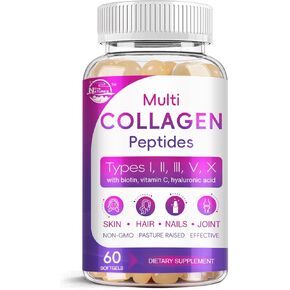 Multi Collagen Peptides Softgel - Type I, II, III, V, X - Hydrolyzed Collagen Peptides with Biotin, Vitamin C, Hyaluronic Acid, Supports Skin Hair Nail & Joint, Grass-Fed, Non-GMO, 60 Softgel, 2 Pack