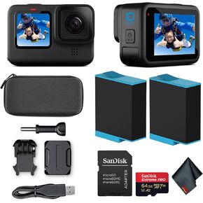 GoPro HERO10 Black (Hero 10) - Waterproof Action Camera with Front LCD and Touch Rear Screens, 5K HD Video, 23MP Photos 64GB Extreme Pro Card and Extra Battery (Renewed)