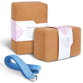 2 Pack Cork Yoga Blocks with Yoga Strap Set - 4 x 6 x 9 inch