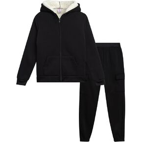 Real Love Girls' Jogger Set - 2 Piece Fully Sherpa Lined Fleece Zip Up Hoodie and Cargo Jogger Pants for Girls (5-16)