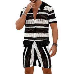 Verdusa Men's Knitted 2 Piece Outfitd Short Sleeve Hollow Out Button Up Shirt and Shorts Set