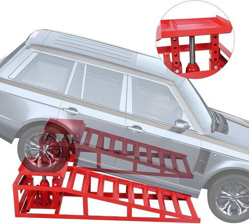 2 Pack Heavy-Duty 5-Ton Hydraulic Car Ramps - Adjustable 7.7-13" Lift, Steel Construction, Ideal for Garage & Driveway Maintenance in Saudi Arabia