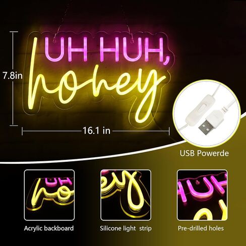 JFLLamp Uh Huh Honey Neon Signs for Wall Decor Neon Lights for Bedroom Led Business Signs Suitable for Man Cave Bar Pub Restaurant Christmas Gift Art 5V Power Adapter 16.1 * 10.2 Inch(Pink+yellow) in Saudi Arabia