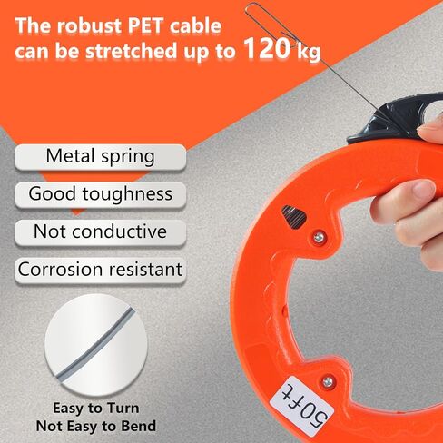 50FT x 3MM Electrical Fish Tape Wire Cable Puller Tools Wire Puller Hand Puller Non-conducting Wire with Steel Cable,Easy Handle for Wiring,Structure Cable,Electrical Conduit in Saudi Arabia