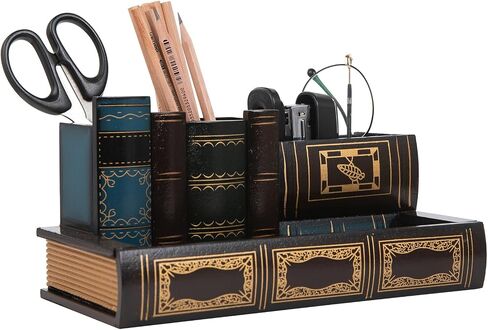 VERGOODR Decorative Pencil and Pen Holder with Storage Drawer, Wooden Desk Organizer Caddy, Antique Library Books Design Pen Cup for Office Supplies, Countertop, Desk,Table (Reddish brown) in Saudi Arabia