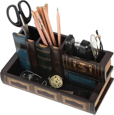 VERGOODR Decorative Pencil and Pen Holder with Storage Drawer, Wooden Desk Organizer Caddy, Antique Library Books Design Pen Cup for Office Supplies, Countertop, Desk,Table (Reddish brown) in Saudi Arabia