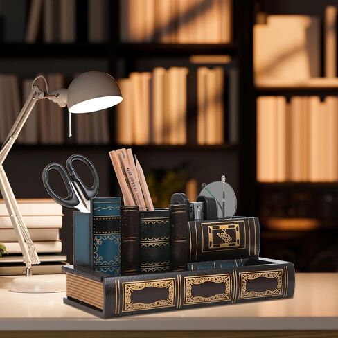 VERGOODR Decorative Pencil and Pen Holder with Storage Drawer, Wooden Desk Organizer Caddy, Antique Library Books Design Pen Cup for Office Supplies, Countertop, Desk,Table (Reddish brown) in Saudi Arabia