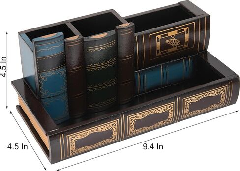 VERGOODR Decorative Pencil and Pen Holder with Storage Drawer, Wooden Desk Organizer Caddy, Antique Library Books Design Pen Cup for Office Supplies, Countertop, Desk,Table (Reddish brown) in Saudi Arabia