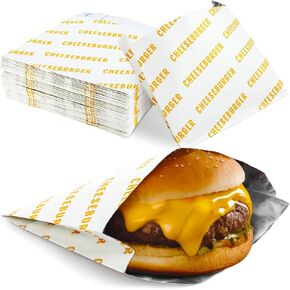 Retro, Restaurant Grade Grease-Proof Burger Wrappers 100 Pk. Heat Proof, Pro Quality Bulk Cheeseburger Bags are BPA Free. Large, Allergen Friendly BBQ Foil Paper Great Cooking Supply for Themed Party