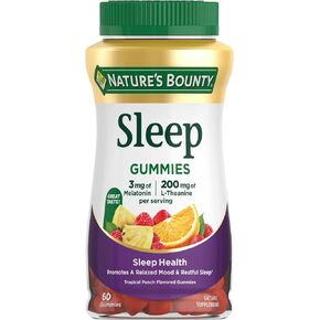 Nature's Bounty Sleep Gummies, 3mg Melatonin and 200mg L-theanine, 100% Drug-Free Sleep Aid, Promotes A Sound Sleep Cycle, 60 Count